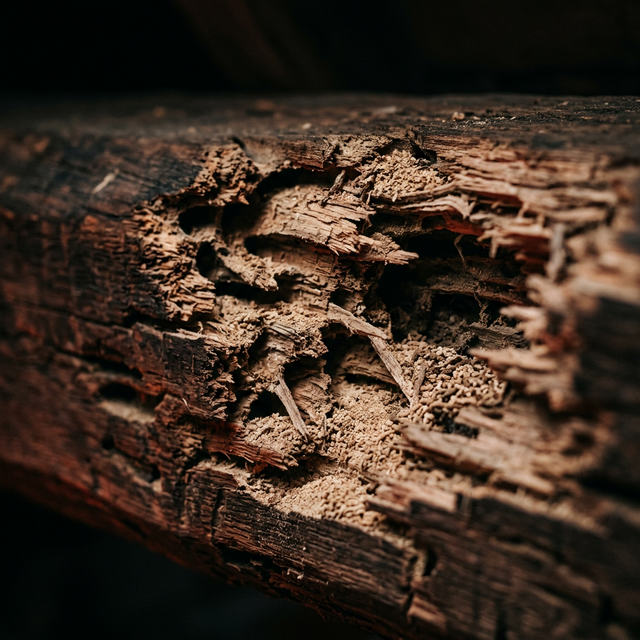 Bois endommagé par les termites — dégâts structurels sur charpente